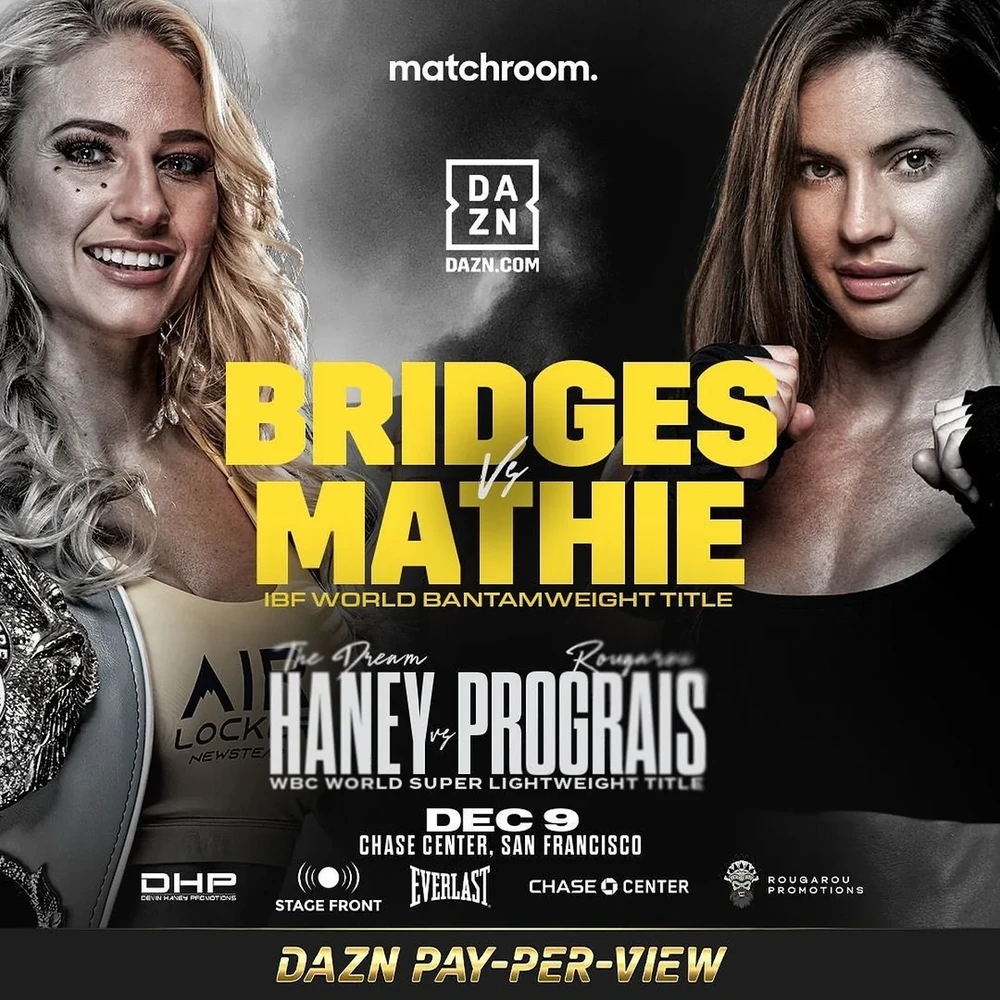 Hình ảnh quảng bá Ebanie Bridges vs Avril Mathie (trận "Mỹ nhân đại chiến") trên DAZN, đơn vị sẽ bán bản quyền truyền hình theo phương thức PPV