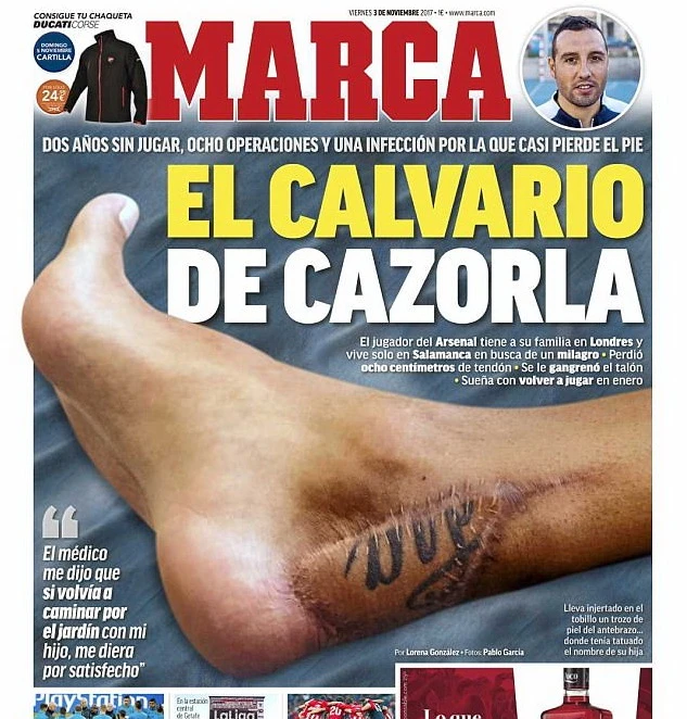 Tờ Marca dành trọn trang nhất số ngày mai để giới thiệu chấn thương cua Cazorla. Ảnh Dailymail.