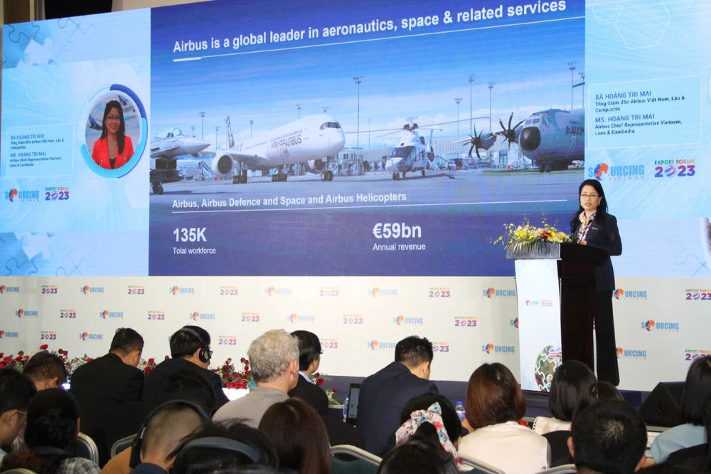 Bà Hoàng Tri Mai, Tổng giám đốc Airbus tại Việt Nam, phát biểu tại Diễn đàn thương mại Việt Nam - châu Âu