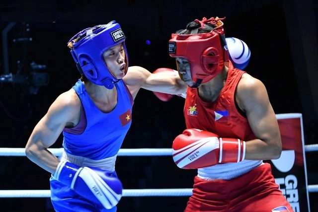 Nguyễn Thị Tâm (xanh) là một trong những gương mặt được chú ý ở giải nữ của boxing Đại hội thể thao toàn quốc năm nay. Ảnh: ASBC