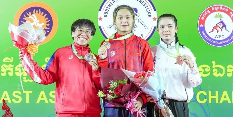 Vận động viên vật Việt Nam đã giành chiến thắng tuyệt đối tại giải vô địch Đông Nam Á 2022. Ảnh: BTC