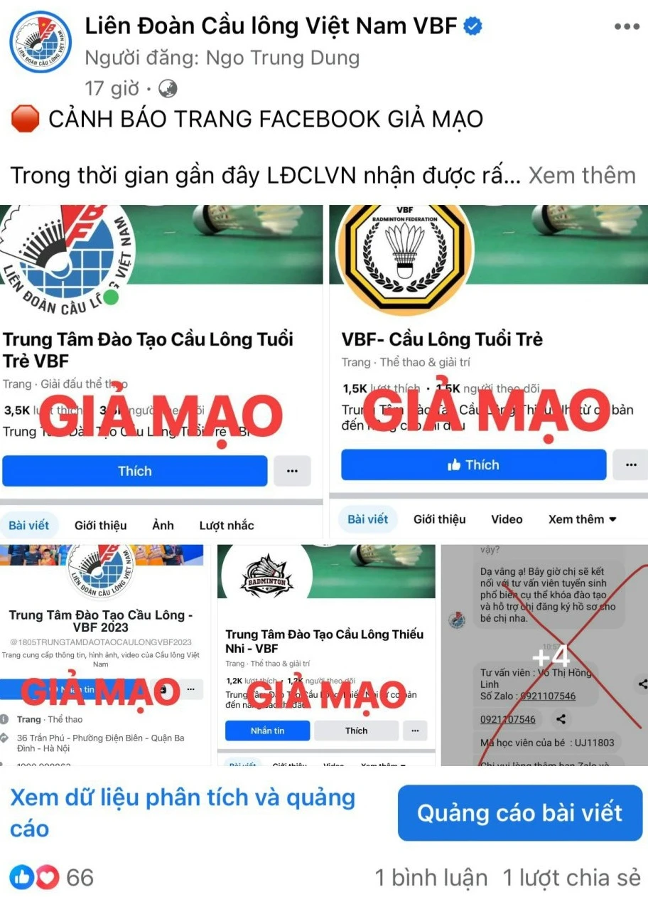Liên đoàn cầu lông Việt Nam thông báo có thông tin giả mạo Liên đoàn. Ảnh: MINH MINH