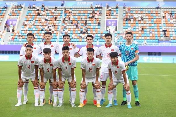 Đội tuyển bóng đá nam Việt Nam trong trận đấu với Mông Cổ tại Asian Cup 2023. (Ảnh: VNA)