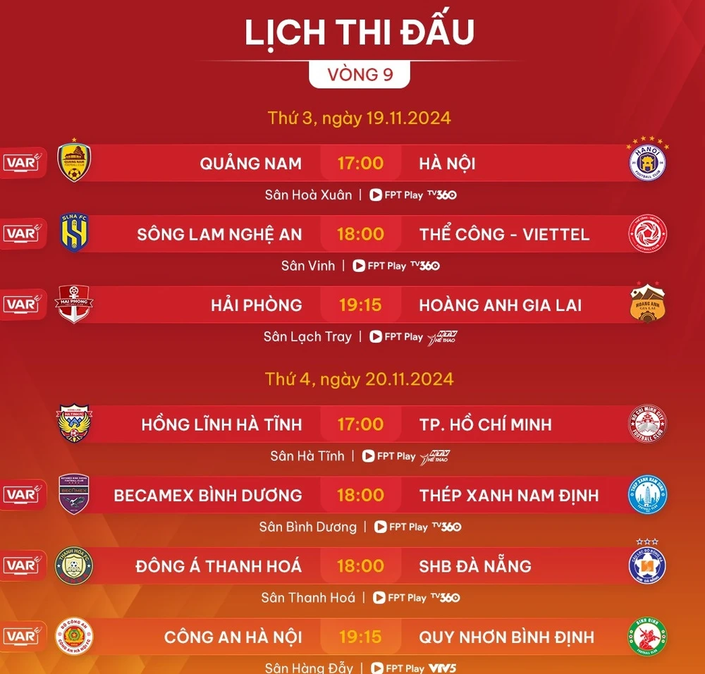 Lịch thi đấu vòng 9 LPBank V-League 2024-2025