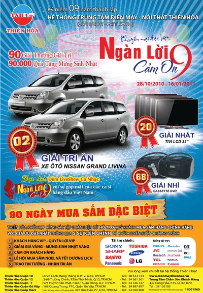 Kỷ niệm 9 năm thành lập - Mua sắm tại Thiên Hòa trúng 2 ô tô Nissan Grand Livina