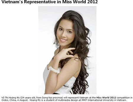 Á hậu Hoàng My sẽ tham dự Miss World 2012