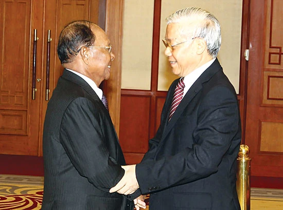 Tổng Bí thư Nguyễn Phú Trọng tiếp Chủ tịch Quốc hội Vương quốc Campuchia Samdech Heng Samrin