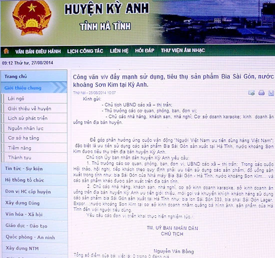 Hà Tĩnh: Chủ tịch huyện ra công văn đẩy mạnh sử dụng bia Sài Gòn - Hà Tĩnh
