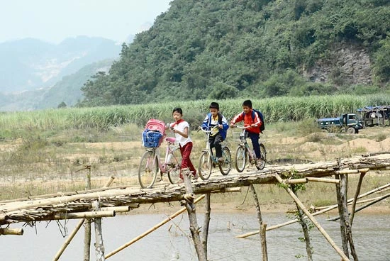 Run run qua cầu tạm bằng tre nứa