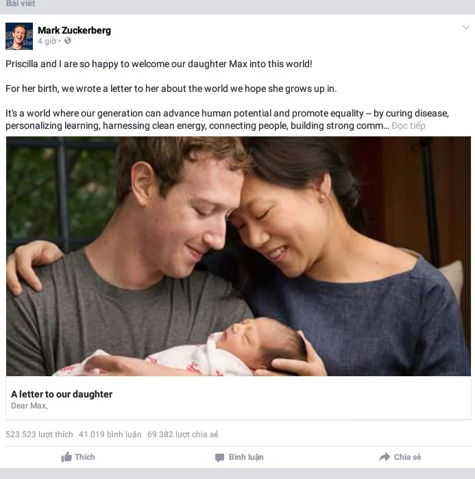 Đón con gái đầu lòng, Mark Zuckerberg hiến 99% cổ phần từ Facebook làm từ thiện