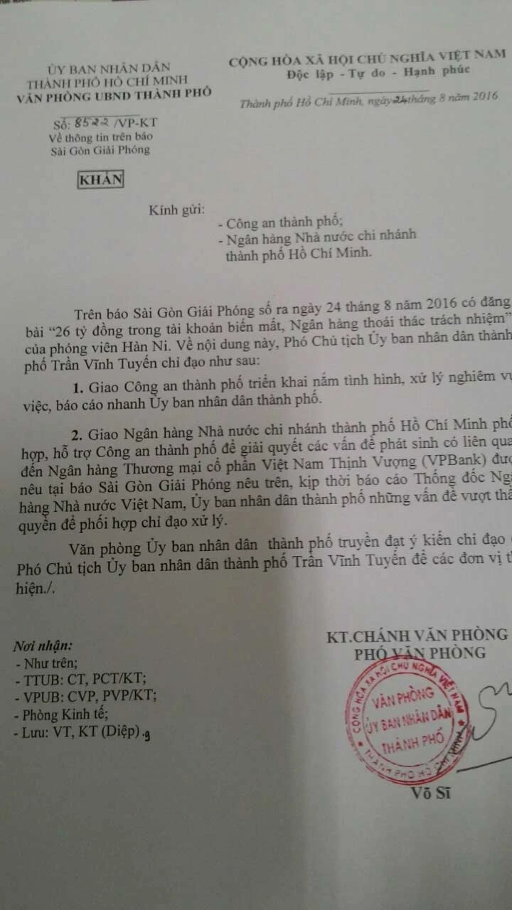 Phó Chủ tịch UBND TPHCM Trần Vĩnh Tuyến chỉ đạo xử lý ngay vụ mất tiền trong tài khoản