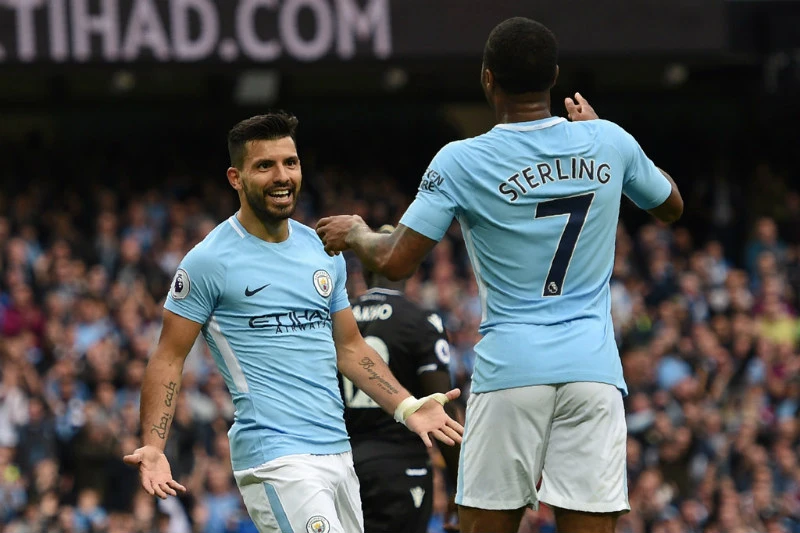 Aguero và Sterling hài lòng với chiến thắng của Man.City. Ảnh: Getty Images