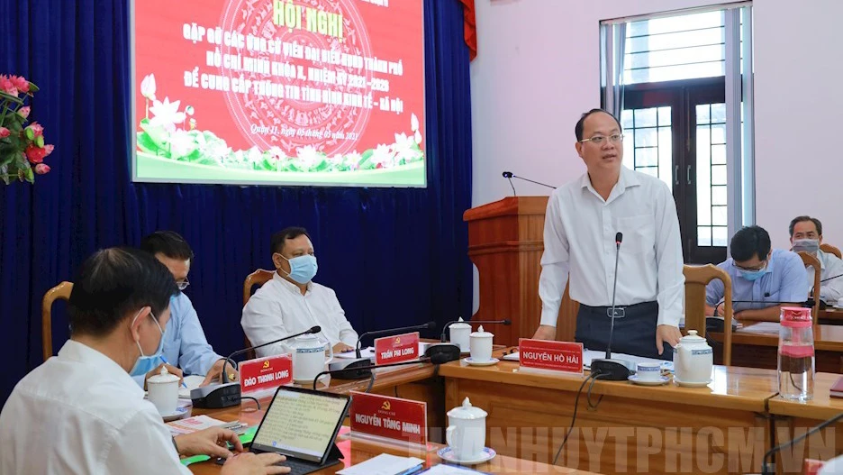 Ứng cử viên Nguyễn Hồ Hải, Phó Bí thư Thành ủy, Trưởng Ban Tổ chức Thành ủy TPHCM phát biểu tại hội nghị. Ảnh: thanhuytphcm