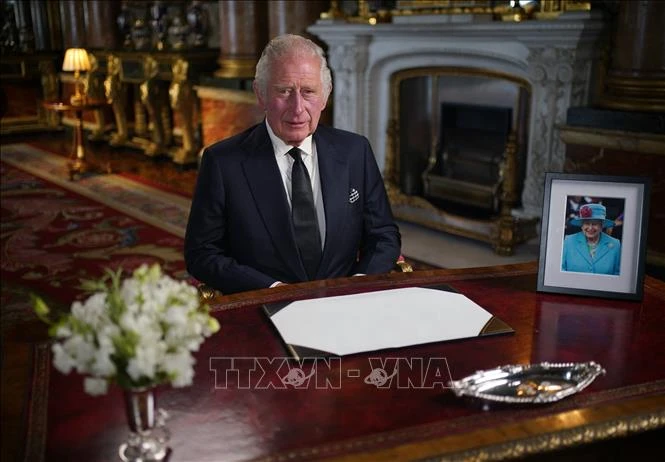 Nhà Vua Anh Charles III trong bài phát biểu đầu tiên được truyền hình trên cả nước và trong khối Thịnh Vượng chung, tại London, ngày 9-9-2022. Ảnh: AFP/TTXVN