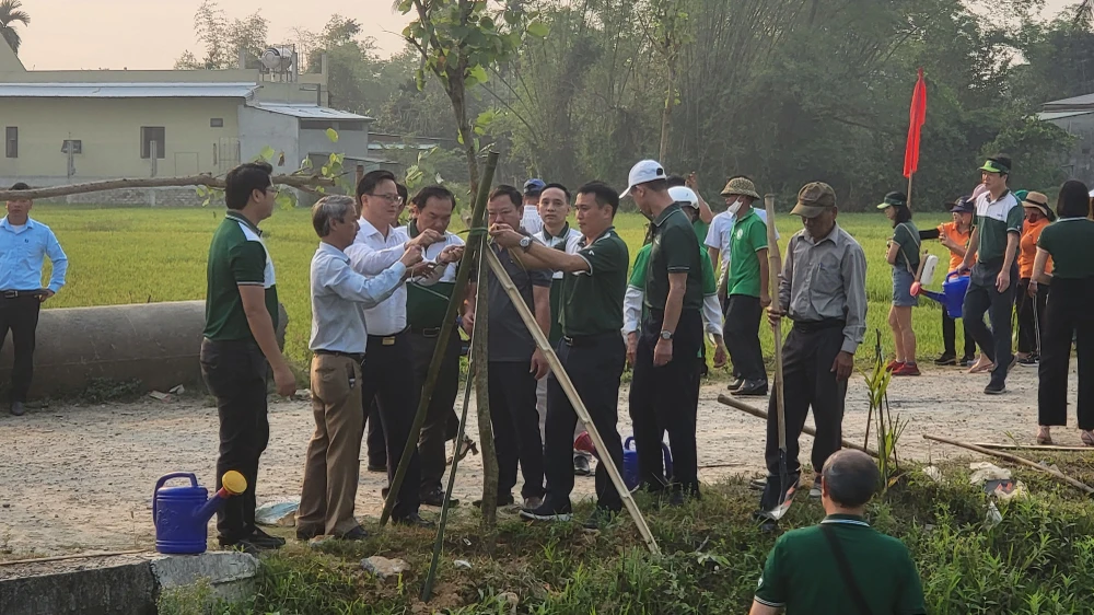 Lãnh đạo UBND huyện Hòa Vang và Vietcombank trồng cây xanh tại cánh đồng thôn Phú Sơn Tây, xã Hòa Khương