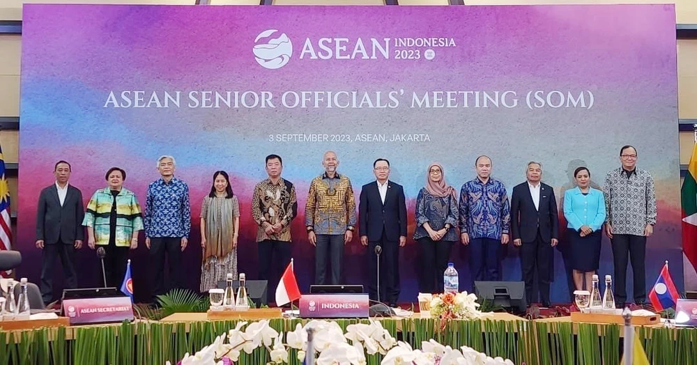 Các quan chức cao cấp (SOM) ASEAN tham dự hội nghị chụp ảnh lưu niệm. Ảnh: TTXVN