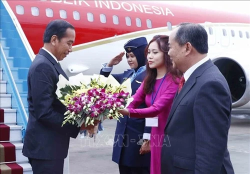 Chủ nhiệm Văn phòng Chủ tịch nước Lê Khánh Hải đón Tổng thống Indonesia Joko Widodo tại sân bay quốc tế Nội Bài. Ảnh: TTXVN