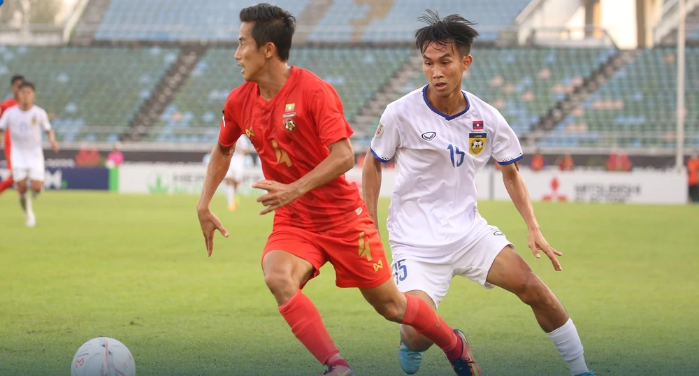 Myanmar chật vật kiếm 1 trận hòa trước đội khách Lào. ẢNH: MFF