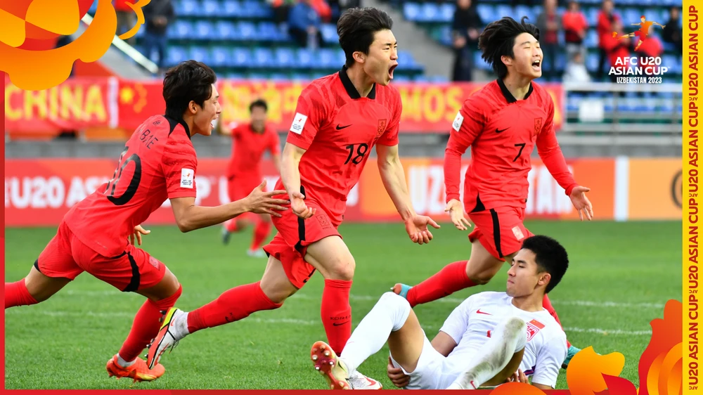 Các cầu thủ U20 Hàn Quốc ăn mừng bàn thắng vào lưới U20 Trung Quốc. ẢNH: AFC 