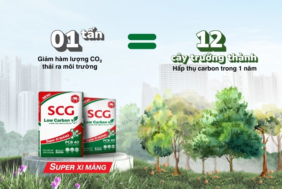 Sản phẩm SCG Low Carbon Super Xi măng giúp giảm 20% lượng phát thải carbon so với xi măng thông thường nhờ vào các công nghệ sản xuất xanh