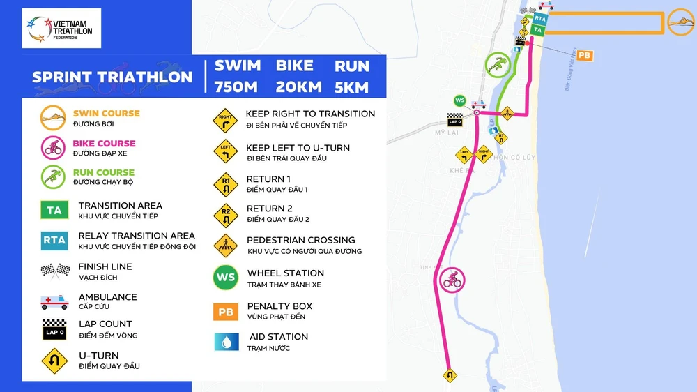 Đường đua nội dung Triathlon Sprint cá nhân,có sự tham gia của vận động viên chuyên nghiệp và phong trào