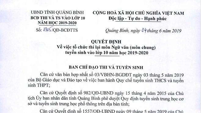 Quyết định tổ chức cho hơn 6.400 học sinh thi lại môn Ngữ Văn vào lớp 10 tại Quảng Bình