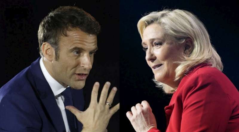 法國總統馬克龍︵左圖︶與極右翼黨派﹁國民聯盟﹂候選人瑪麗娜‧勒龐。