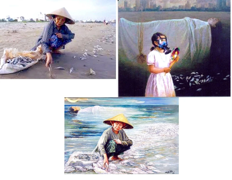 Từ trái sang: Bức ảnh "Biển chết" đăng trên báo Thanh Niên, bức tranh của họa sĩ Lê Thế Anh bà bức tranh "Biển chết" của họa sĩ Nguyễn Nhân. Ảnh: HÀM LUÔNG chụp lại