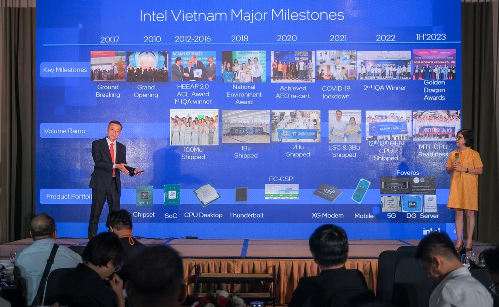 Đại diện Nhà máy lắp ráp và kiểm định chip của Intel chia sẻ thông tin với giơi truyền thông vào tháng 6-2023