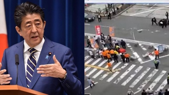 ￼日本前首相安倍晉三與槍擊現場。