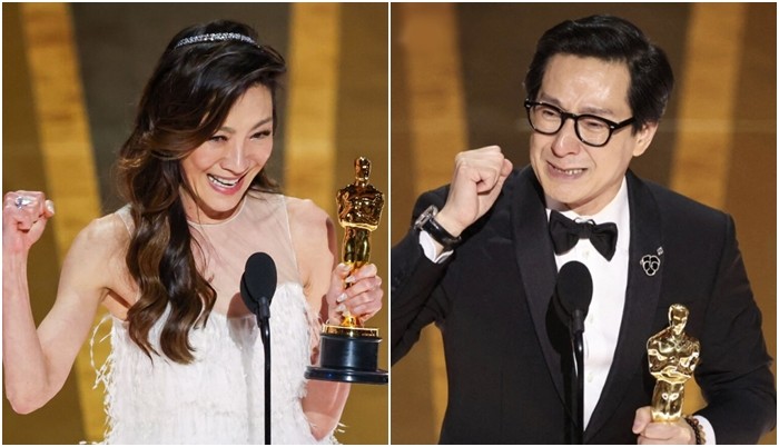 亚裔影星杨紫琼(左)与关继威夺得奥斯卡奖。