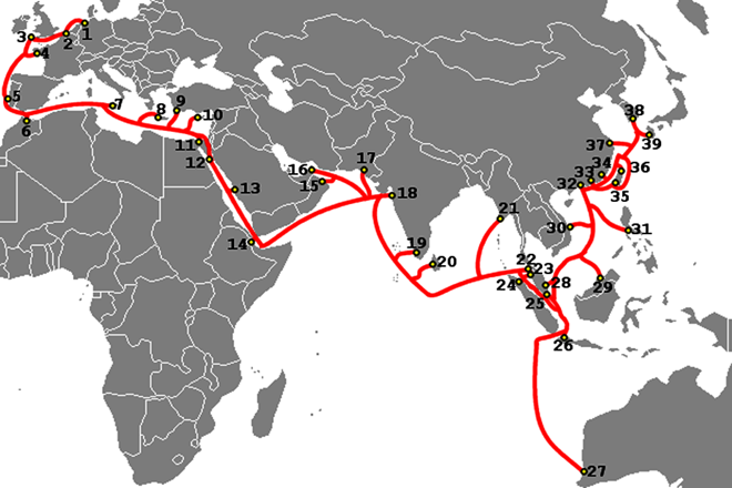 The route of the Southeast Asia-Middle East-Western Europe (SMW3) cable (Photo: FPT Telecom)