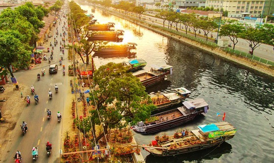 Boats filled with ornamental trees and flowers gather at Binh Dong wharf.