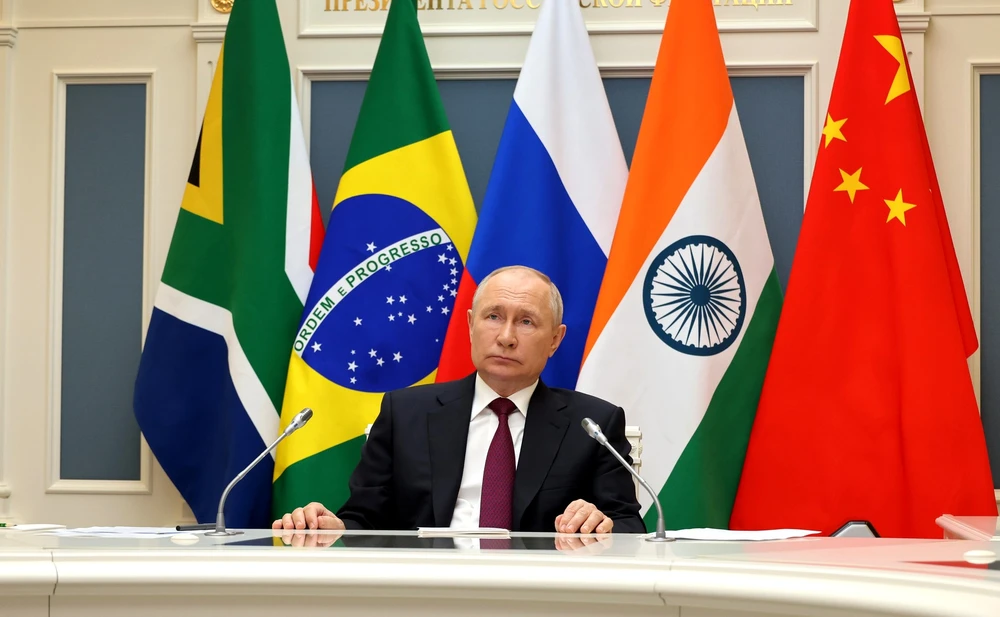 Tổng thống Nga Vladimir Putin dự Hội nghị thượng đỉnh BRICS trực tuyến vào tháng 8-2023. Ảnh: Kremlin