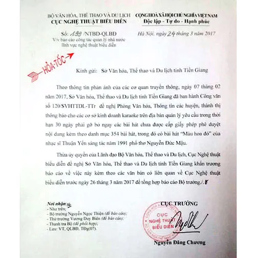 Công văn Cục Nghệ thuật biểu diễn gởi Sở VH-TT-DL tỉnh Tiền Giang ngày 24-3-2017. Công văn Cục Nghệ thuật biểu diễn gởi Sở VH-TT-DL tỉnh Tiền Giang ngày 24-3-2017.