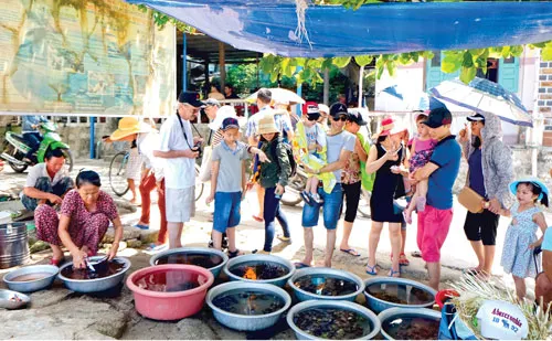 Du khách thích thú với vẻ đẹp hoang sơ của Cù lao Chàm. Hàng ngày có gần 1.000 lượt khách du lịch (ngày lễ lên đến 6.000 lượt khách) ra Cù lao Chàm từ cảng Cửa Đại (Hội An). Một làng chài ven biển làm du lịch. Du khách nước ngoài thưởng thức trái cây vùng nhiệt đới. Du khách lặn xem san hô đỏ. Một góc đảo Cù lao Chàm. Cù lao Chàm có gần 2.500 nhân khẩu, trong đó 50% làm ngư nghiệp phục vụ du lịch. Một quầy hàng lưu niệm. Du khách thích thú với vẻ đẹp hoang sơ của Cù lao Chàm. Hàng ngày có gần 1.000 lượt khách du lịch (ngày lễ lên đến 6.000 lượt khách) ra Cù lao Chàm từ cảng Cửa Đại (Hội An). Một làng chài ven biển làm du lịch. Du khách nước ngoài thưởng thức trái cây vùng nhiệt đới. Du khách lặn xem san hô đỏ. Một góc đảo Cù lao Chàm. Cù lao Chàm có gần 2.500 nhân khẩu, trong đó 50% làm ngư nghiệp phục vụ du lịch. Một quầy hàng lưu niệm.