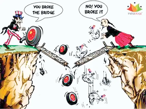 Biếm họa về chiến tranh thương mại Mỹ-Trung. Biếm họa về chiến tranh thương mại Mỹ-Trung.