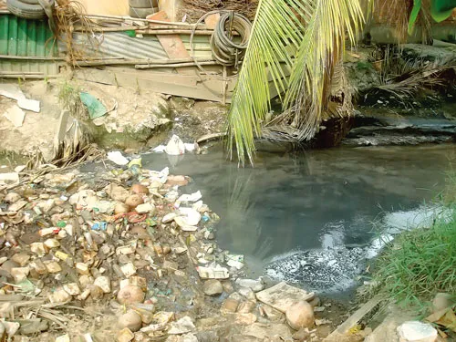 Màu đen đặc của chất thải tại kênh Chiến Lược. Ảnh: VY NHI