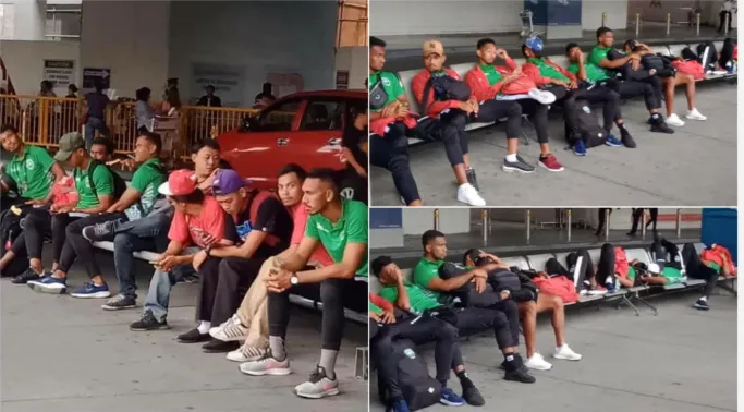 Các cầu thủ Timor Leste vạ vật ngoài sân bay chờ xe đón.