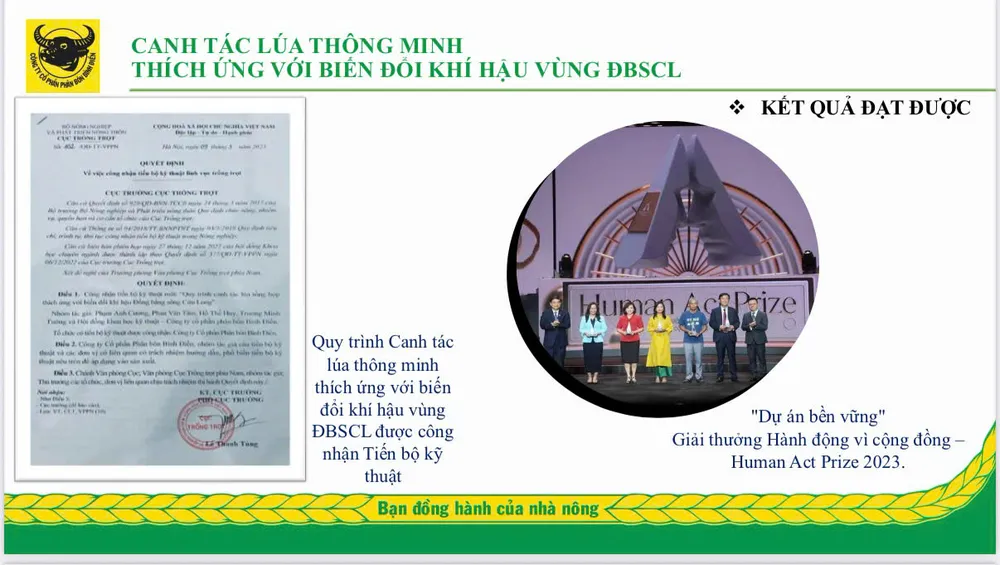 Quy trình canh tác lúa thông minh thích ứng với biến đổi khí hậu vùng ĐBSCL được Bộ NN&MT công nhận là Tiến bộ kỹ thuật là một minh chứng cho nỗ lực vì cộng đồng của Công ty cổ phần phân bón Bình Điền. gen-n-Canh tac lua thong minh.jpg
