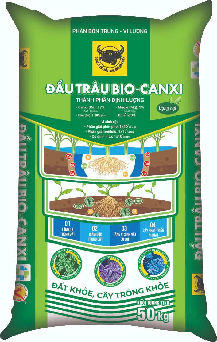 Phân bón Đầu Trâu Bio-Canxi có chứa Ca (17%), Mg (3%), Zn (1.000 ppm), vi khuẩn phân hủy Cellulo (1 x 104 CFU/g), vi khuẩn cố định N (1 x 104 CFU/g) và vi khuẩn phân giải P (1 x 104 CFU/g)… giúp cải tạo đất. Picture1.png