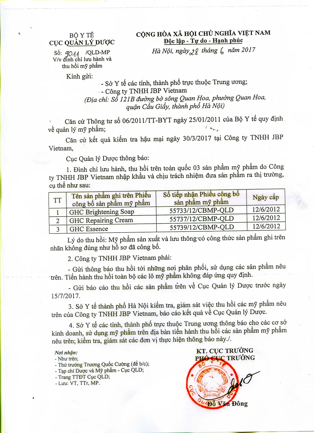 Đình chỉ lưu hành ba loại mỹ phẩm do Công ty TNHH JBP Vietnam phân phối ảnh 1