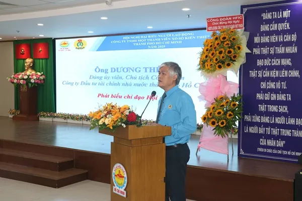 Đồng chí Dương Thế Vũ, Đảng ủy viên, Chủ tịch Công đoàn Công ty Đầu tư Tài chính Nhà nước thành phố phát biểu tại Hội nghị xskt tphcM1.jpg