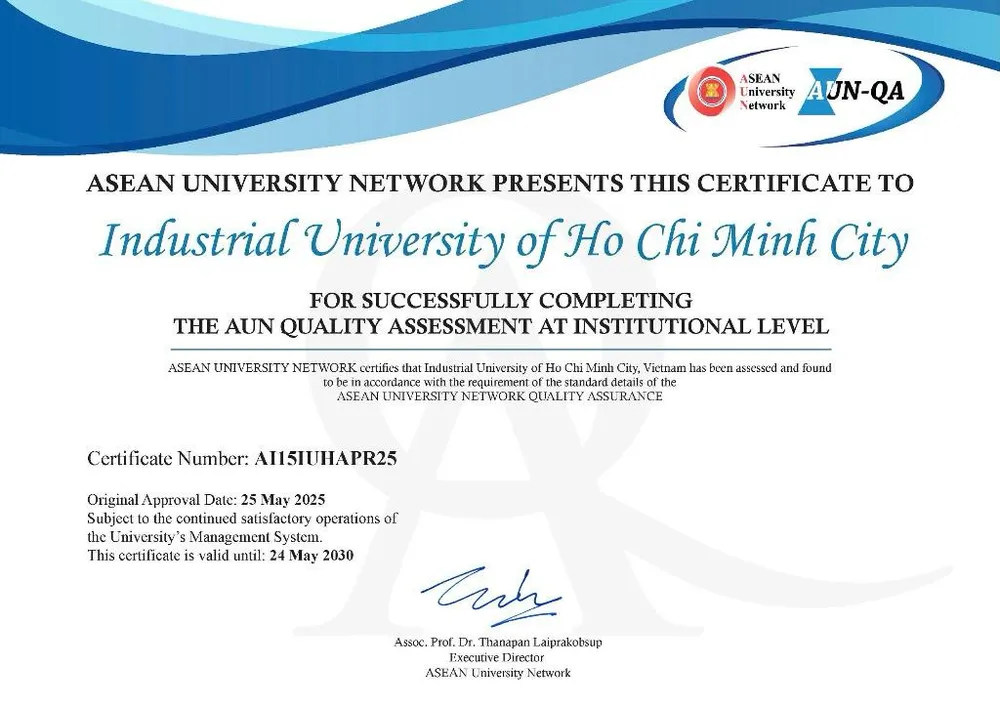 Trường đại học Công nghiệp TP.HCM đã chính thức đạt chuẩn kiểm định chất lượng cấp cơ sở giáo dục theo Bộ tiêu chuẩn AUN-QA phiên bản 3.0 Picture1.jpg
