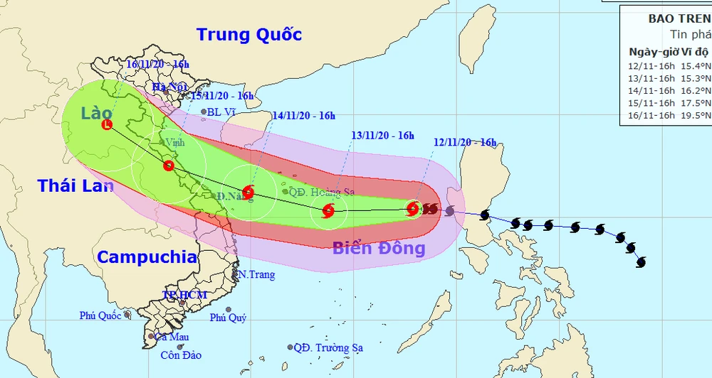 Dự báo đường đi của cơn bão số 13. Ảnh: TTDBKTTVQG