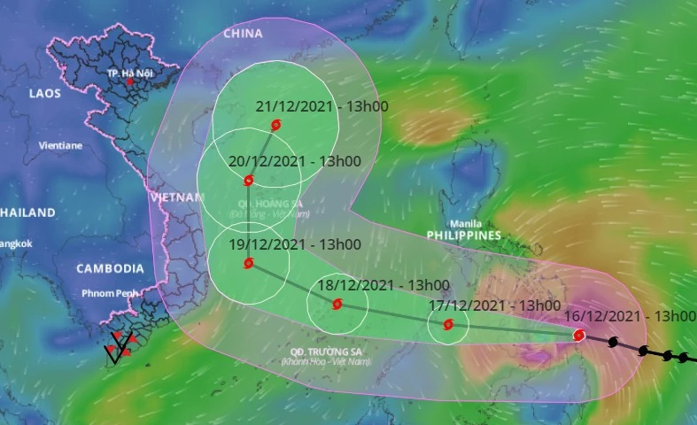 Vị trí và dự báo đường đi của bão RAI. Ảnh: VNDMS