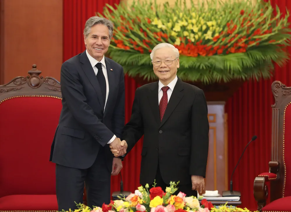 Tổng Bí thư Nguyễn Phú Trọng tiếp Ngoại trưởng Hoa Kỳ Antony Blinken, chiều 15-4-2023. Ảnh: QUANG PHÚC Tổng Bí thư Nguyễn Phú Trọng tiếp Ngoại trưởng Hoa Kỳ Antony Blinken, chiều 15-4-2023. Ảnh: QUANG PHÚC