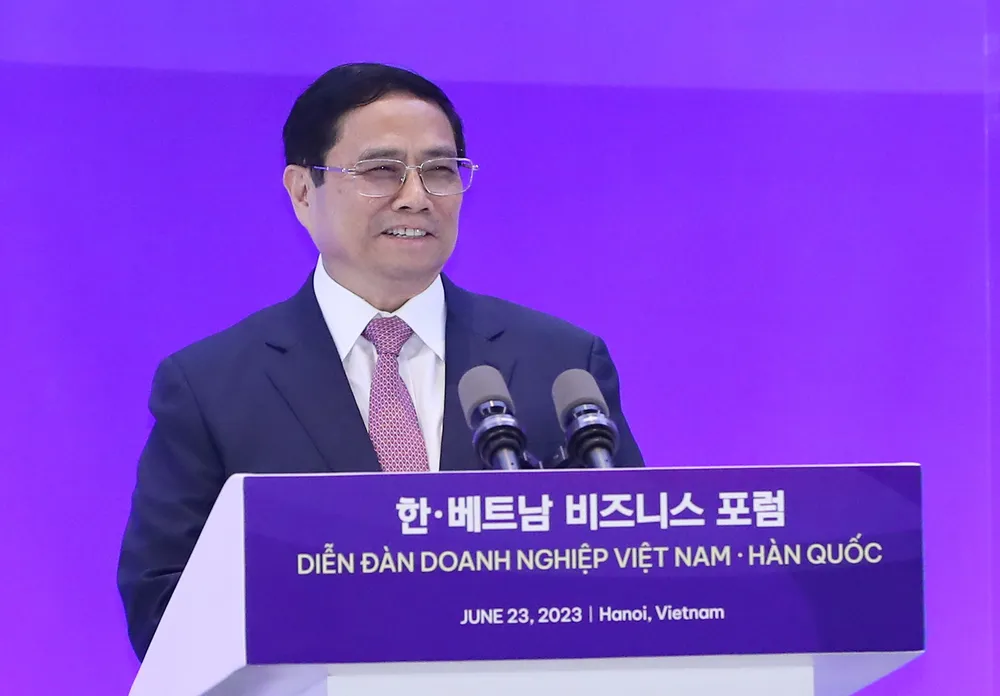 Thủ tướng Phạm Minh Chính phát biểu tại Diễn đàn doanh nghiệp Việt Nam - Hàn Quốc. Ảnh: QUANG PHÚC