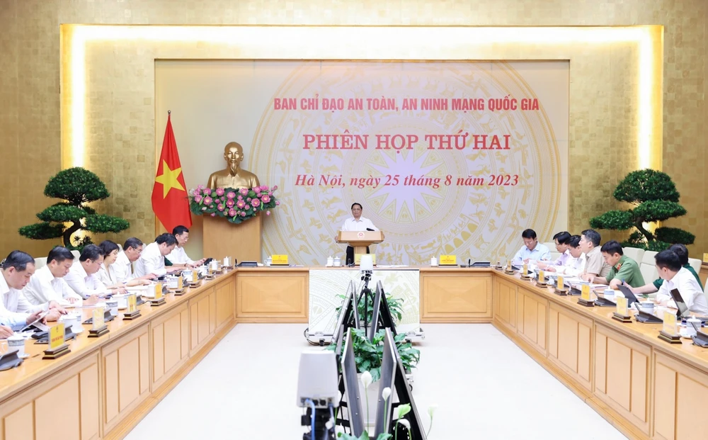 Thủ tướng Phạm Minh Chính phát biểu tại phiên họp Ban chỉ đạo an toàn, an ninh mạng quốc gia lần thứ hai. Ảnh: VIẾT CHUNG