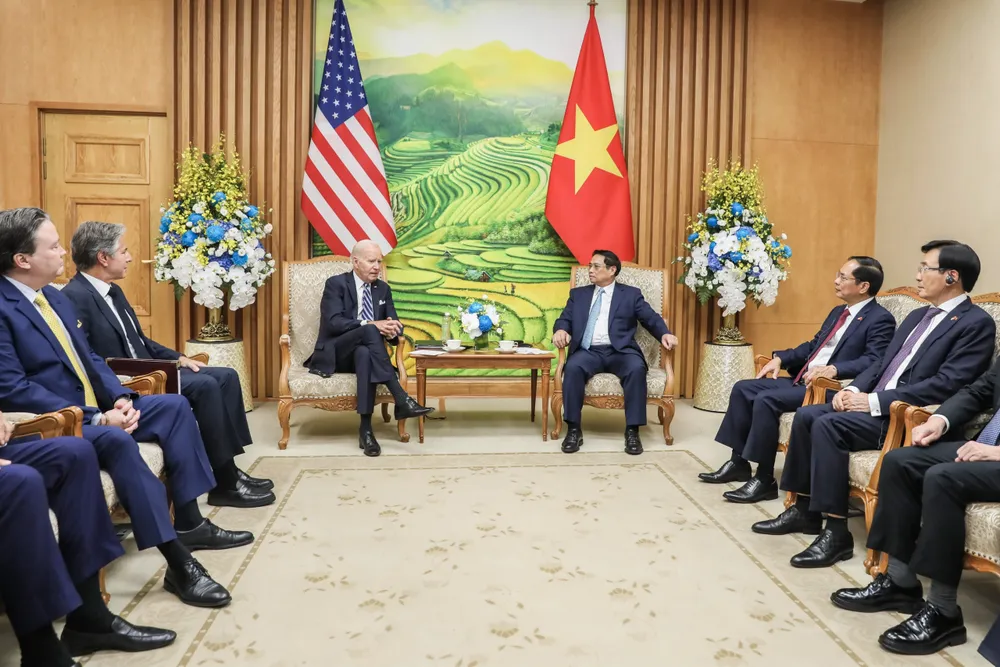Thủ tướng Phạm Minh Chính tiếp Tổng thống Joe Biden, ngày 11-9. Ảnh: VIẾT CHUNG Thủ tướng Phạm Minh Chính tiếp Tổng thống Joe Biden, ngày 11-9. Ảnh: VIẾT CHUNG